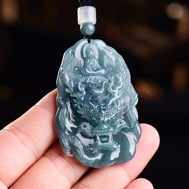 Vintage Necklace - Natural Burmese Jadeite Dragon Pendant Necklace