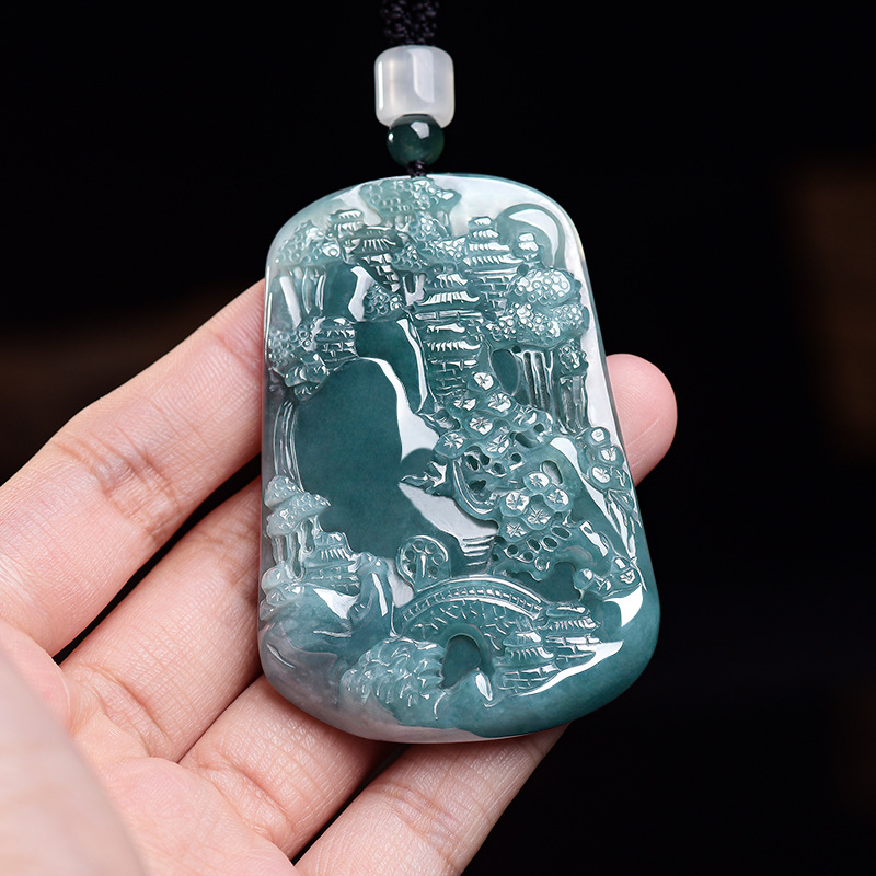 Vintage Necklace - Natural Burmese Jadeite Scenery Pendant Necklace