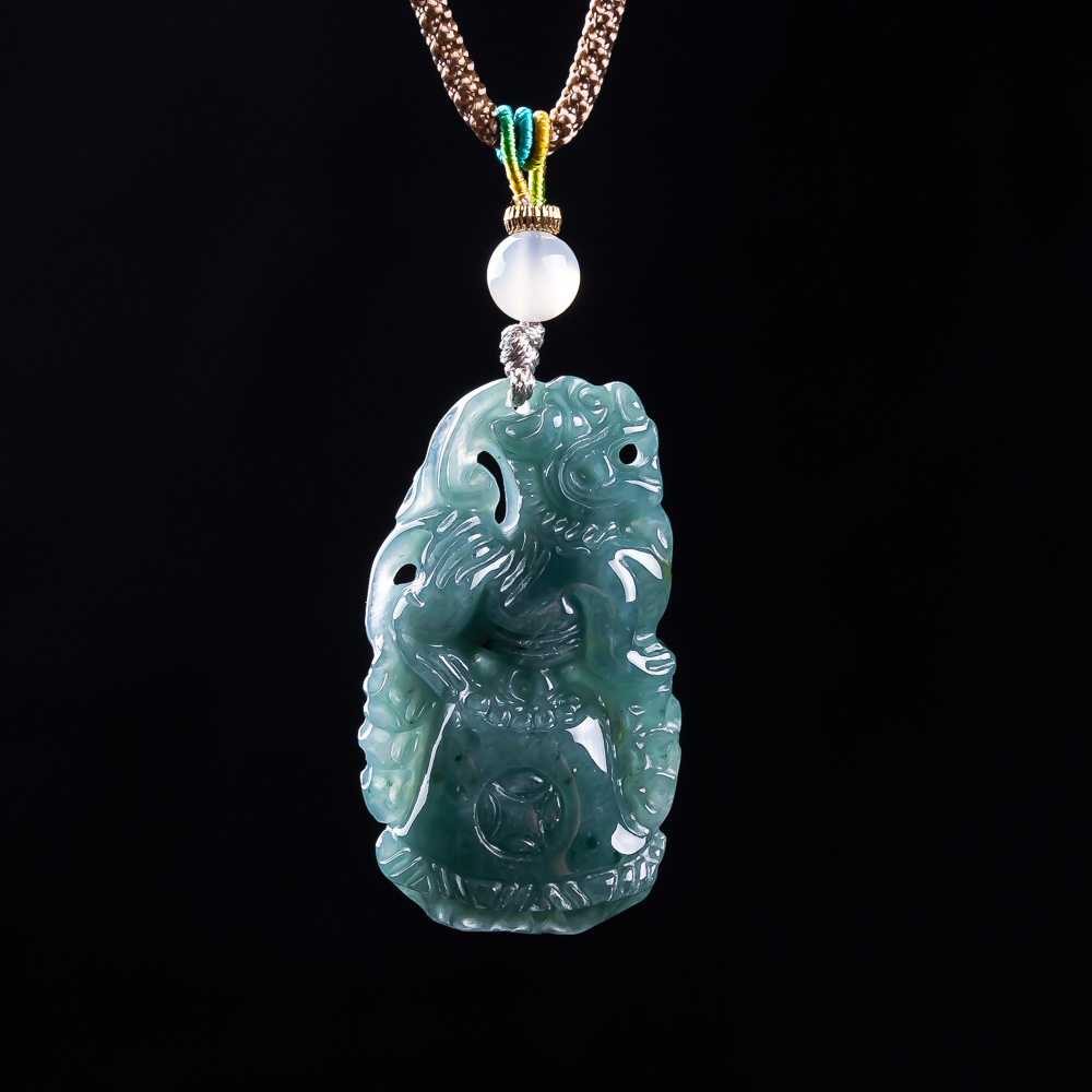 Vintage Necklace - Burmese Jadeite Pixiu Pendant Designer Gemstone